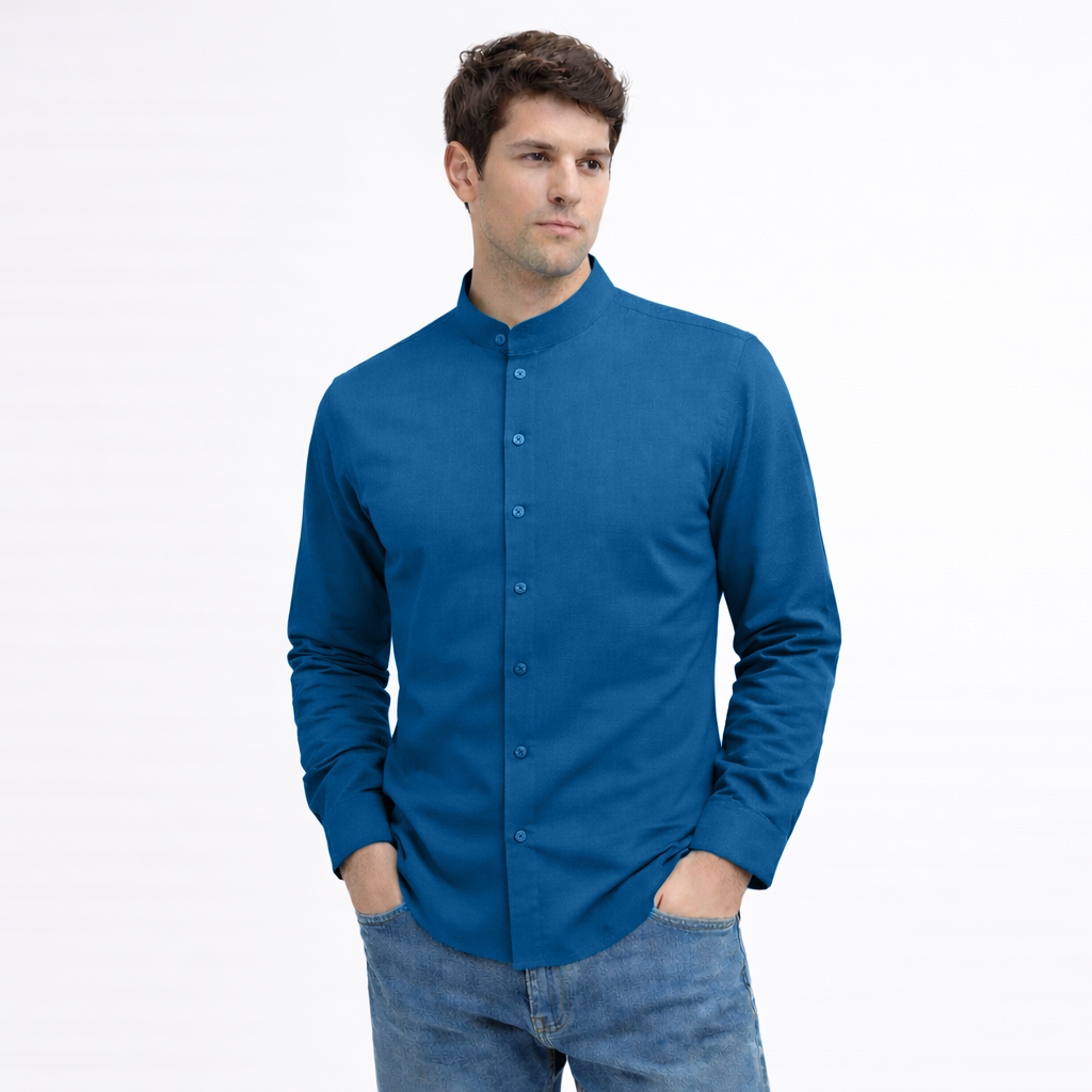 Men's Full-Sleeve Mandarin Collar Regular Fit Cotton Lenin Shirt-Teal Blue