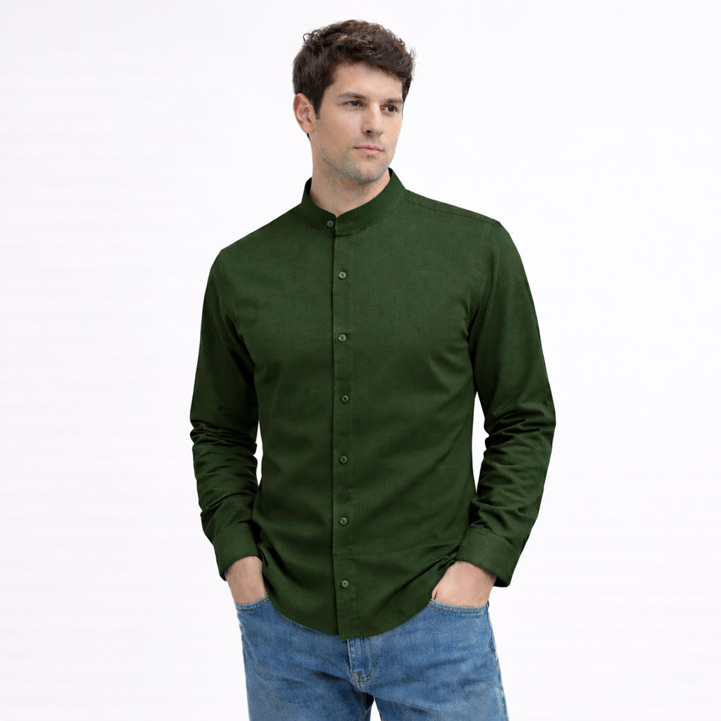 MEN’S CHINESE COLLAR SHIRT | FULL SLEEVE COTTON LINEN T-NECK SHIRT | DARK GREEN COLOR