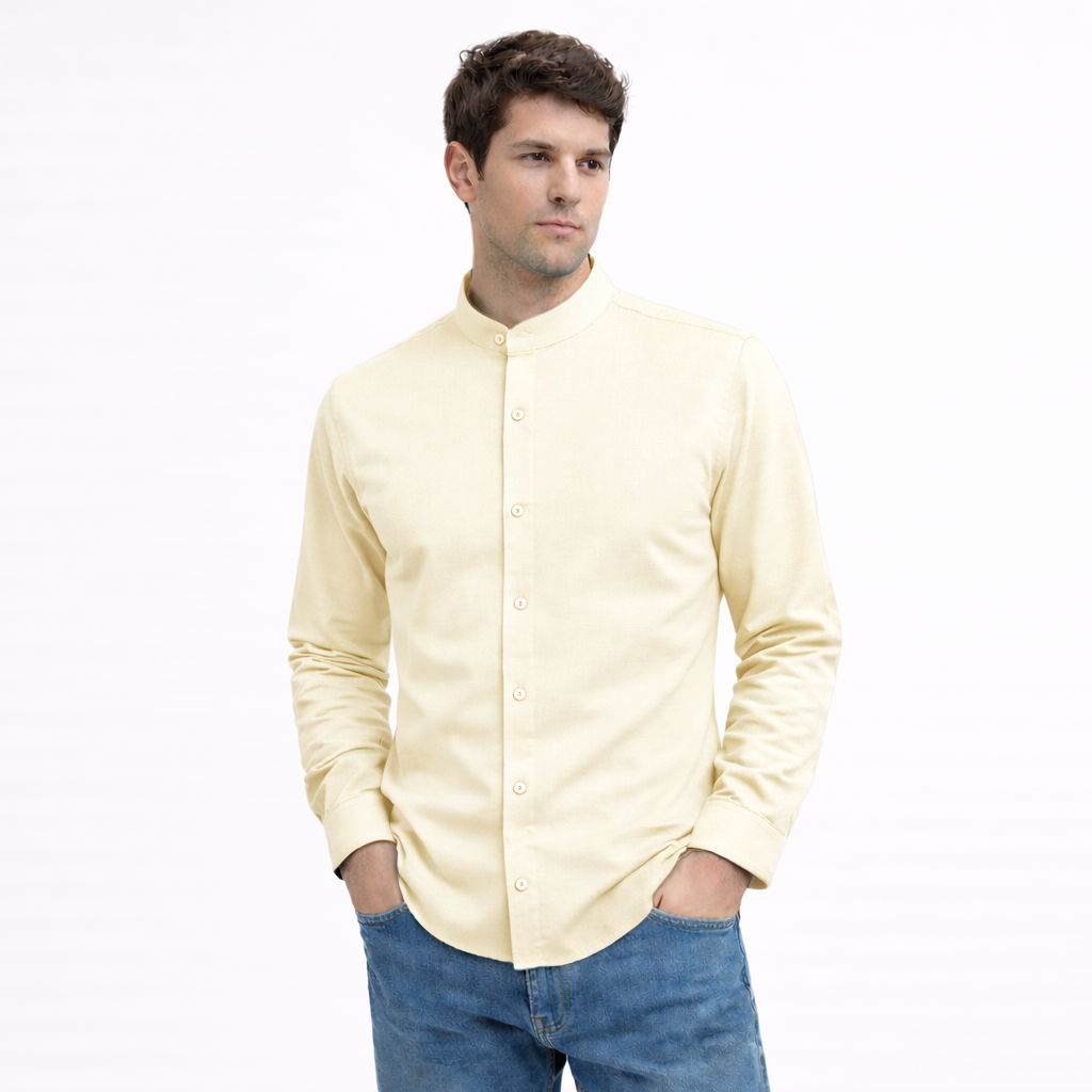 MEN’S CHINESE COLLAR SHIRT | FULL SLEEVE COTTON LINEN T-NECK SHIRT | BEIGE COLOR