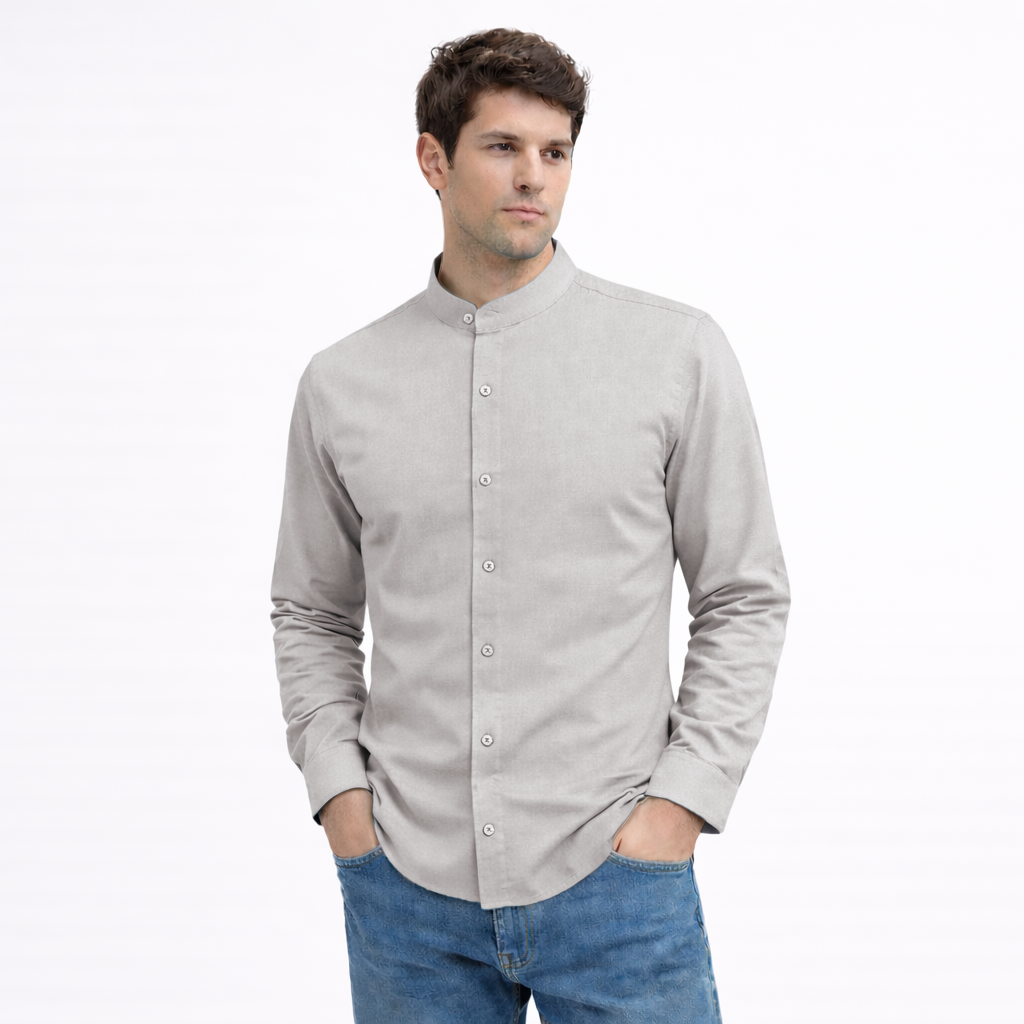 MEN’S CHINESE COLLAR SHIRT | FULL SLEEVE COTTON LINEN T-NECK SHIRT | LIGHT GREY COLOR