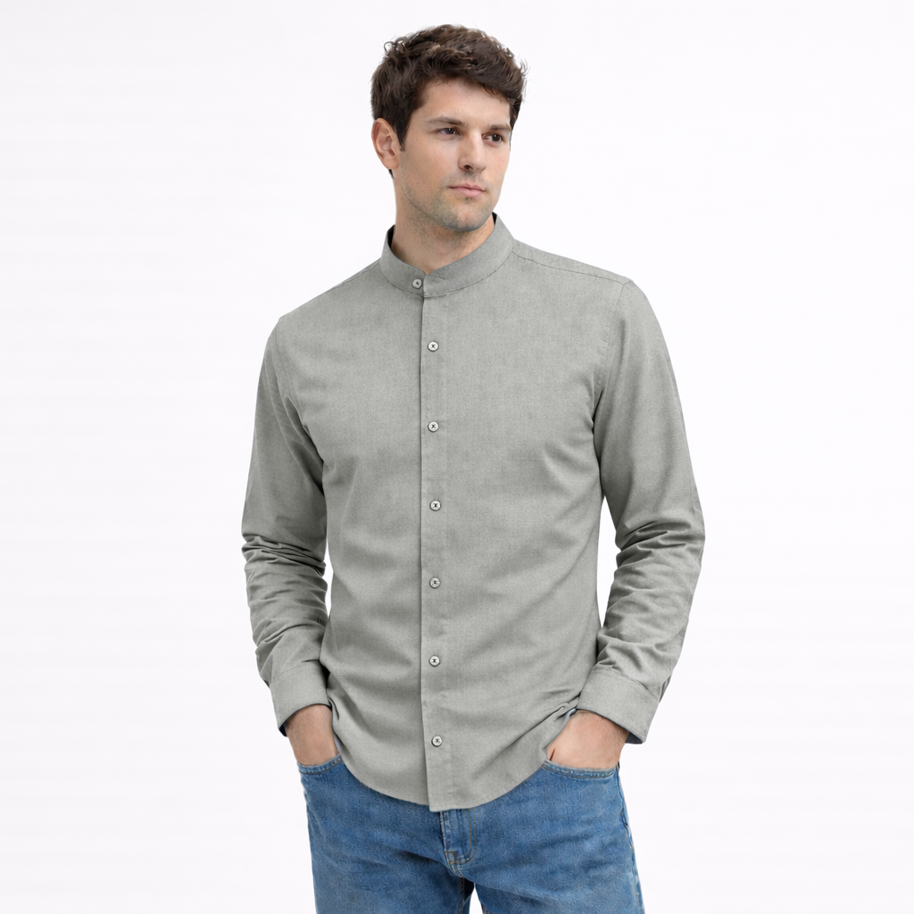 MEN’S CHINESE COLLAR SHIRT | FULL SLEEVE COTTON LINEN T-NECK SHIRT | GREY COLOR