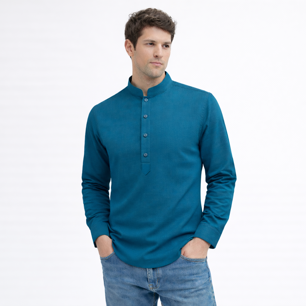 Cotton Chinese Collar Short Kurta for Men | Traditional Nehru Ethnic Shirts | Daily Wear-Teal Blue Filo Hevis