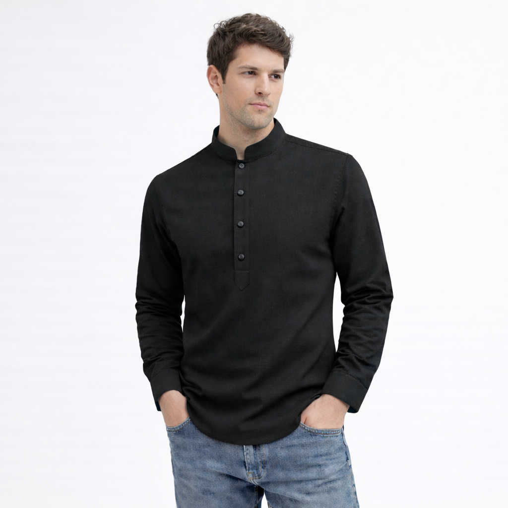 Cotton Chinese Collar Short Kurta for Men | Traditional Nehru Ethnic Shirts | Daily Wear-Black Filo Hevis