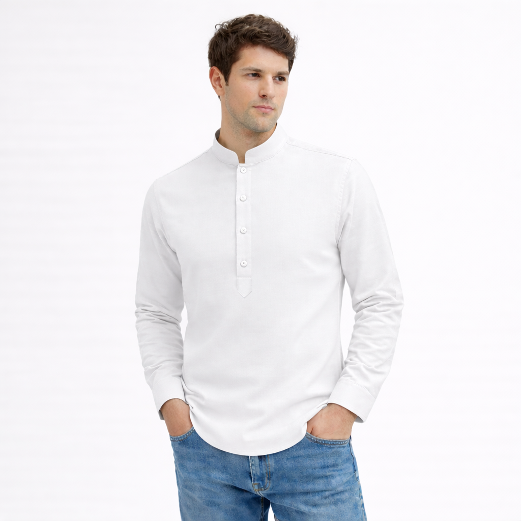Cotton Chinese Collar Short Kurta for Men | Traditional Nehru Ethnic Shirts | Daily Wear-White Filo Hevis