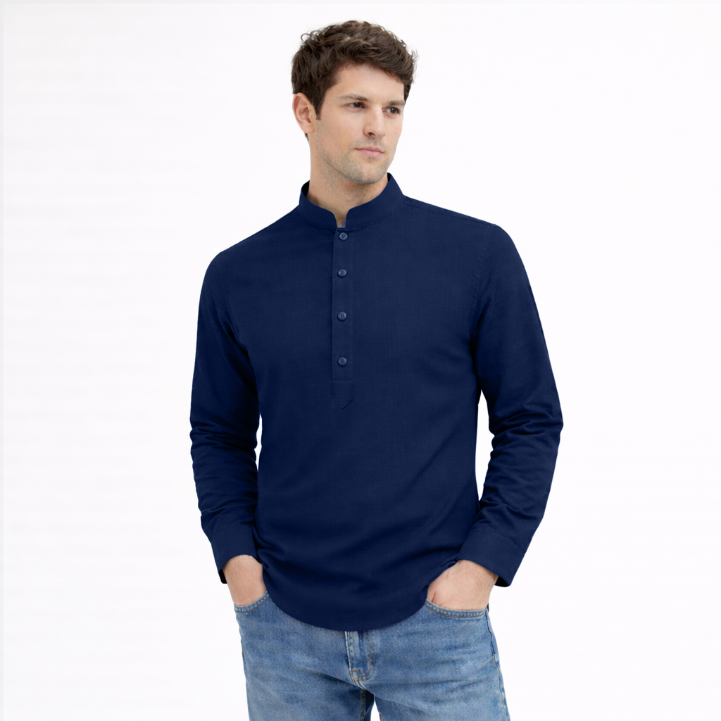 Cotton Chinese Collar Short Kurta for Men | Traditional Nehru Ethnic Shirts | Daily Wear-Navy Blue Filo Hevis