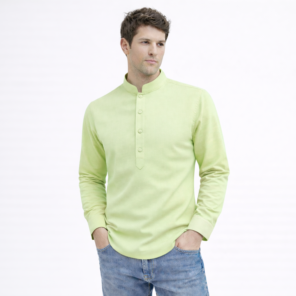 Men's Full-Sleeve Mandarin Collar Regular Fit Cotton Lenin Shirt-Light-Green Filo Hevis