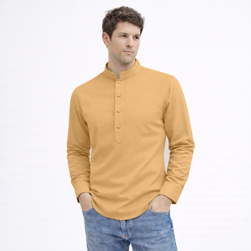 Cotton Chinese Collar Short Kurta for Men | Traditional Nehru Ethnic Shirts | Daily Wear-Beige