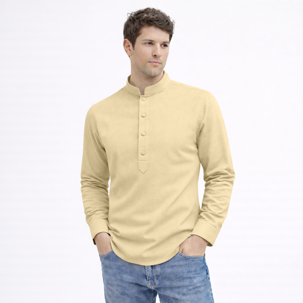 Cotton Chinese Collar Short Kurta for Men | Traditional Nehru Ethnic Shirts | Daily Wear-Cream Filo Hevis