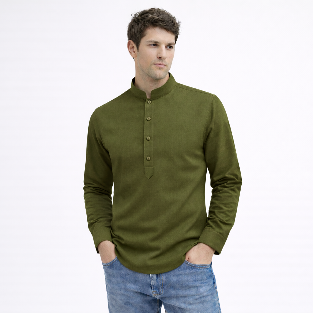 Cotton Chinese Collar Short Kurta for Men | Traditional Nehru Ethnic Shirts | Daily Wear-Olive Green Filo Hevis