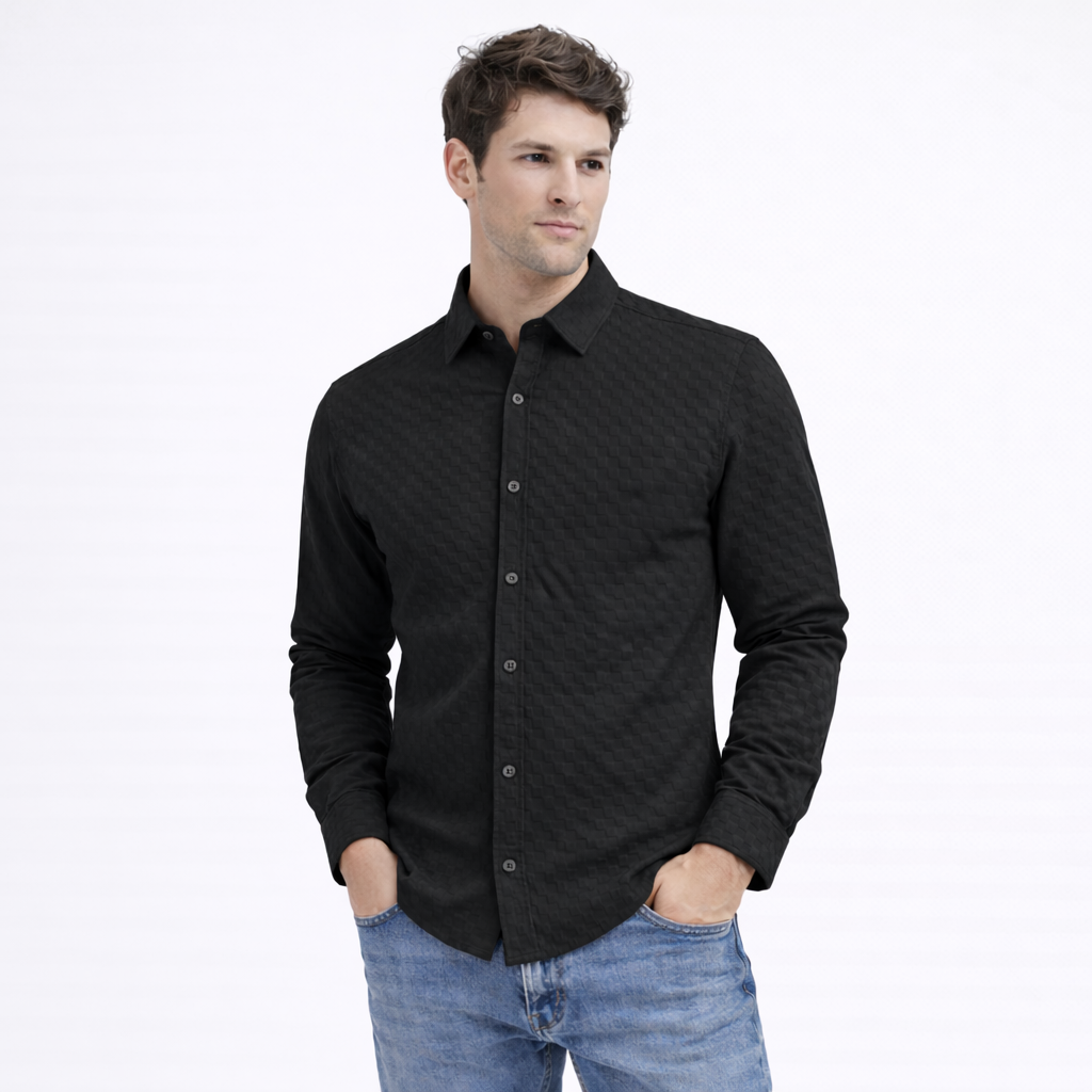 PREMIUM TEXTURED POPCORN SHIRT | SELF-CHECKS EMBOSS EFFECT PATTERN | Black