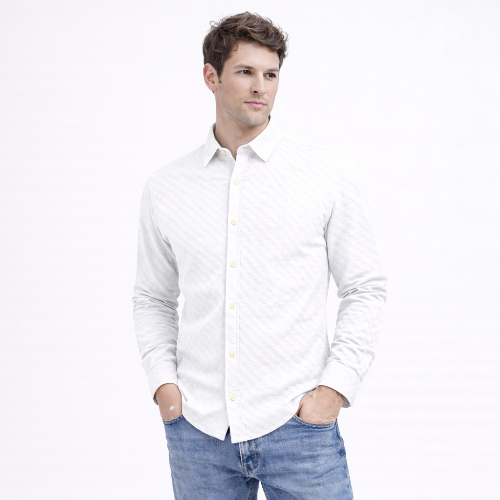 PREMIUM TEXTURED POPCORN SHIRT | SELF-CHECKS EMBOSS EFFECT PATTERN | White