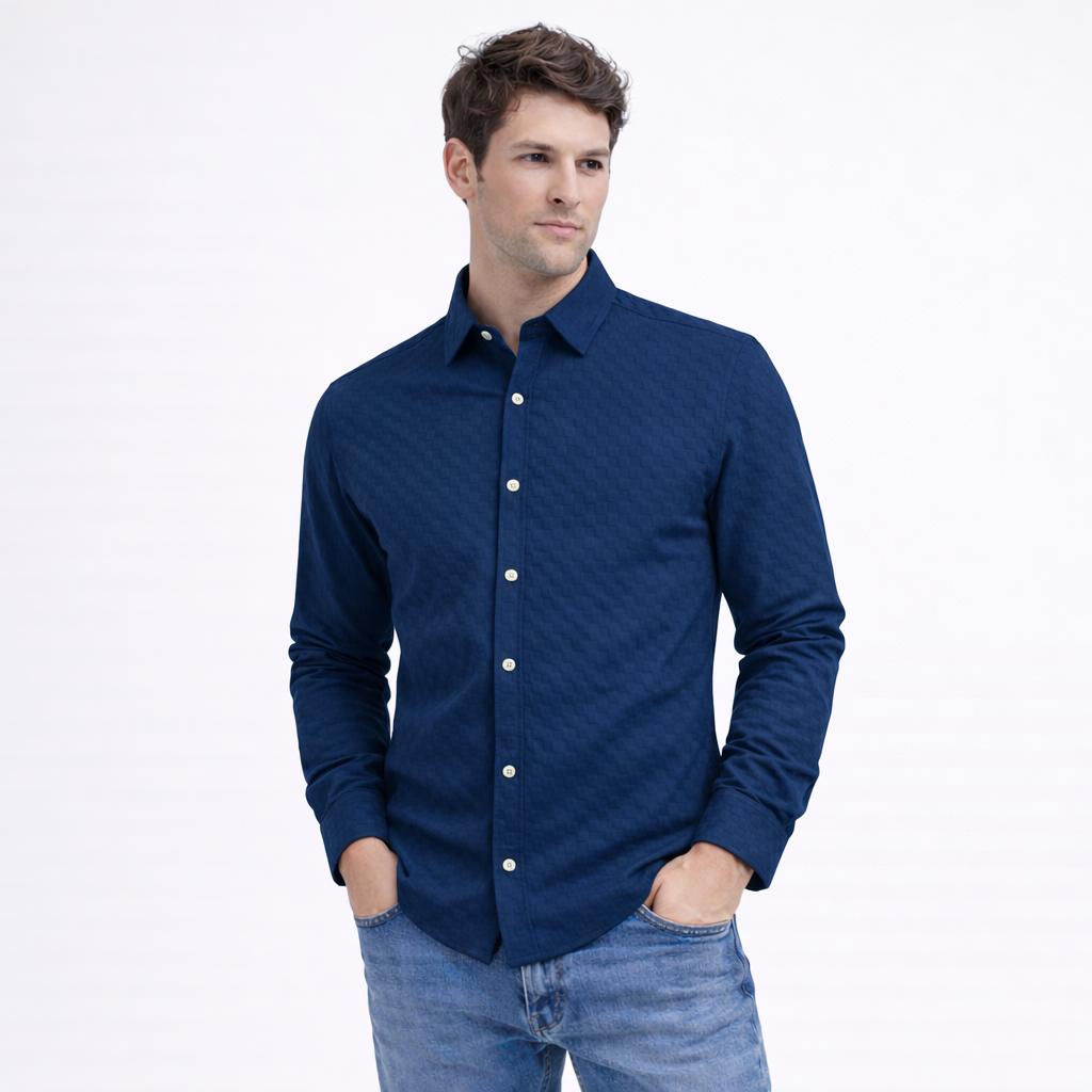 PREMIUM TEXTURED POPCORN SHIRT | SELF-CHECKS EMBOSS EFFECT PATTERN | Navy Blue