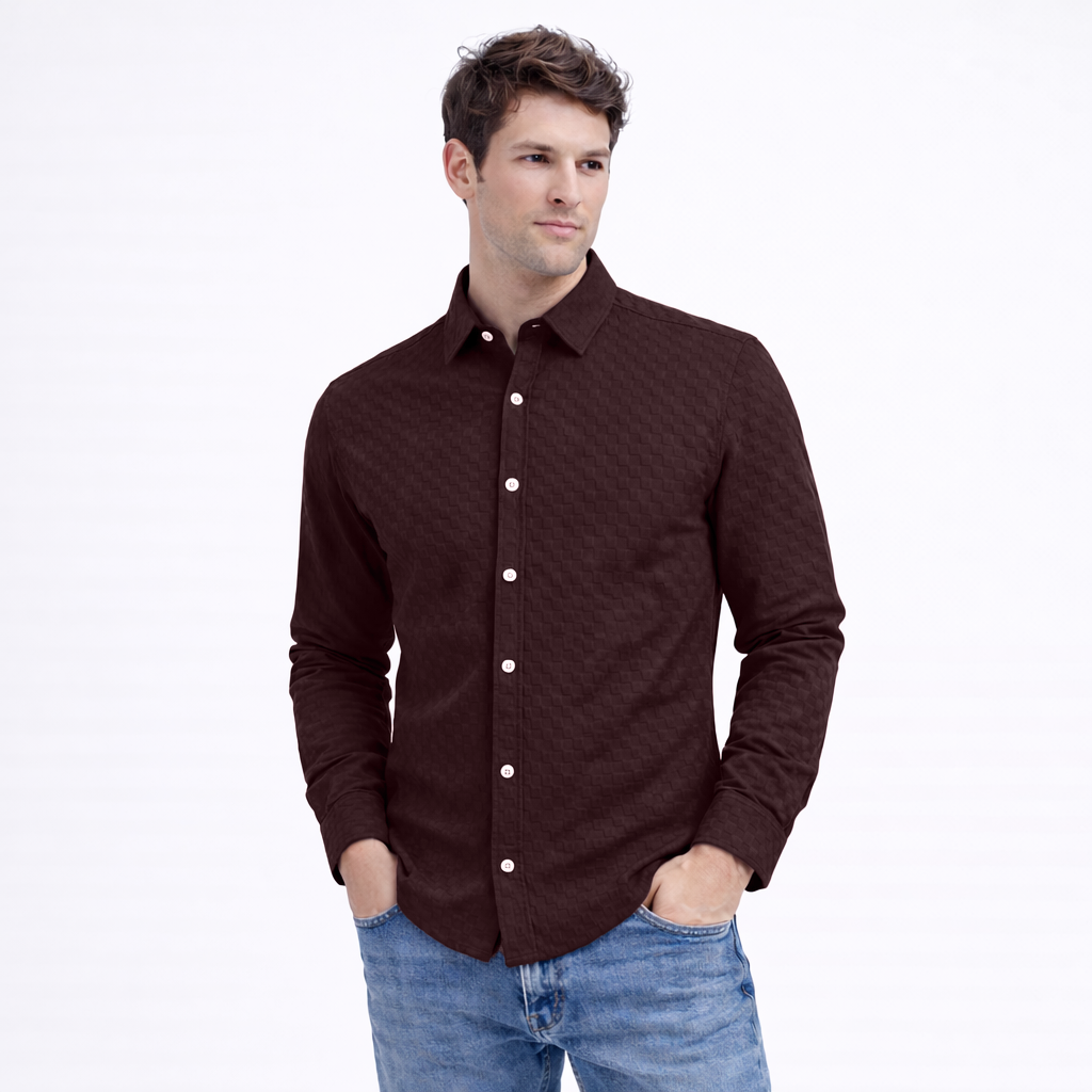 PREMIUM TEXTURED POPCORN SHIRT | SELF-CHECKS EMBOSS EFFECT PATTERN | Wine
