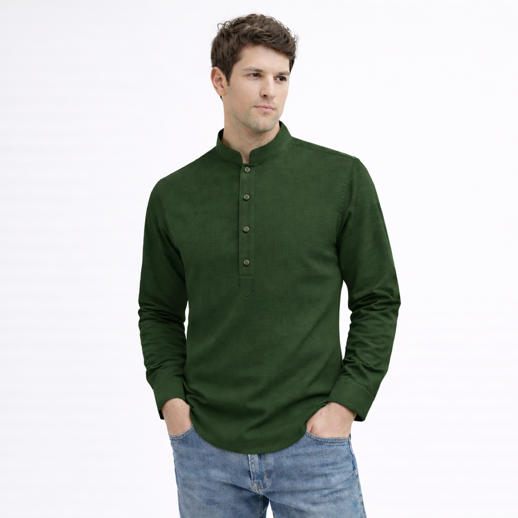 Cotton Chinese Collar Short Kurta for Men | Traditional Nehru Ethnic Shirts | Daily Wear-Dark Green/Phthalo Green Filo Hevis