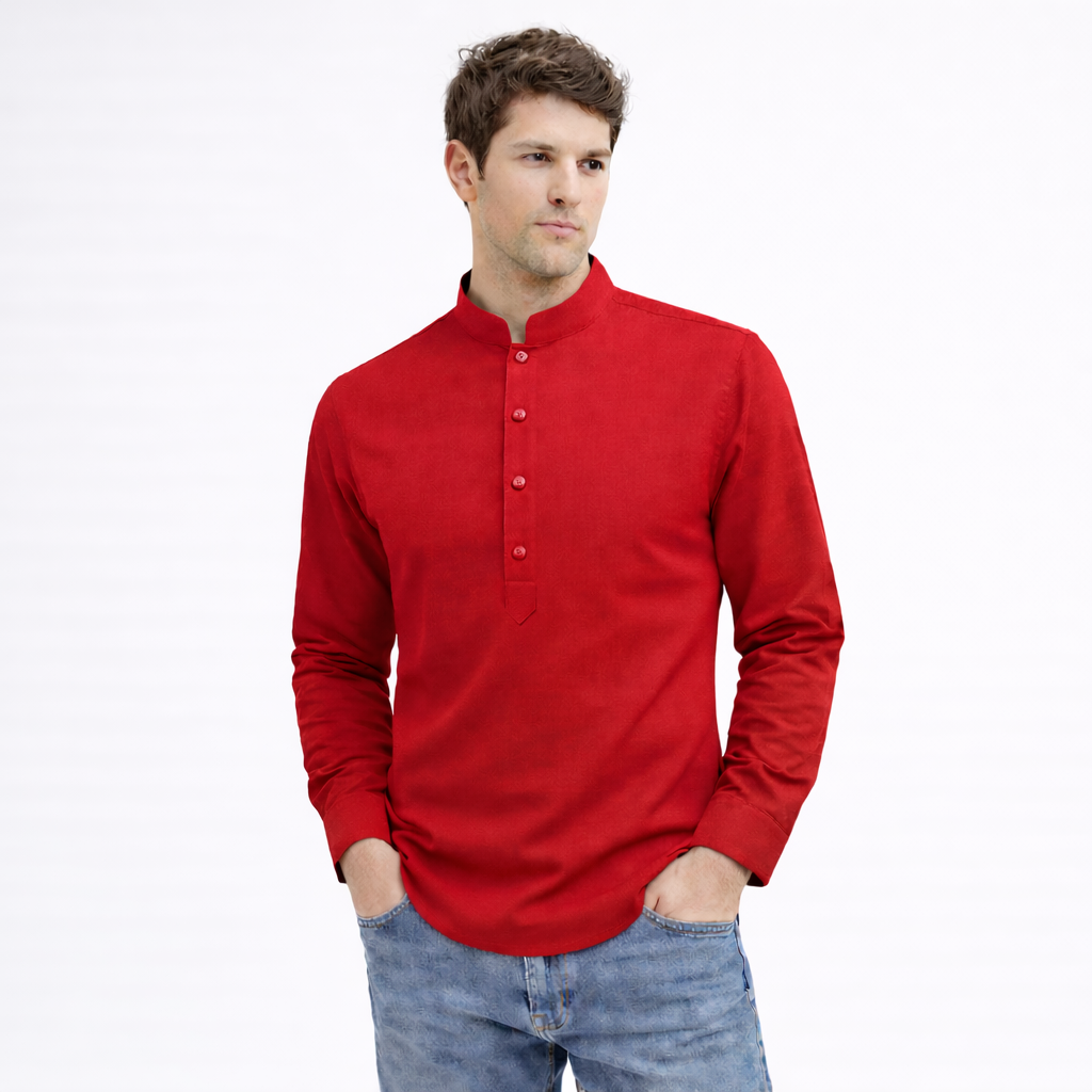 Cotton Chinese Collar Short Kurta for Men | Traditional Nehru Ethnic Shirts | Daily Wear-Red Filo Hevis