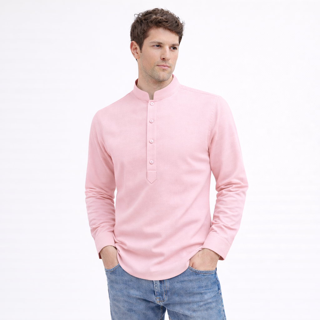 Cotton Chinese Collar Short Kurta for Men | Traditional Nehru Ethnic Shirts | Daily Wear-Pink Filo Hevis