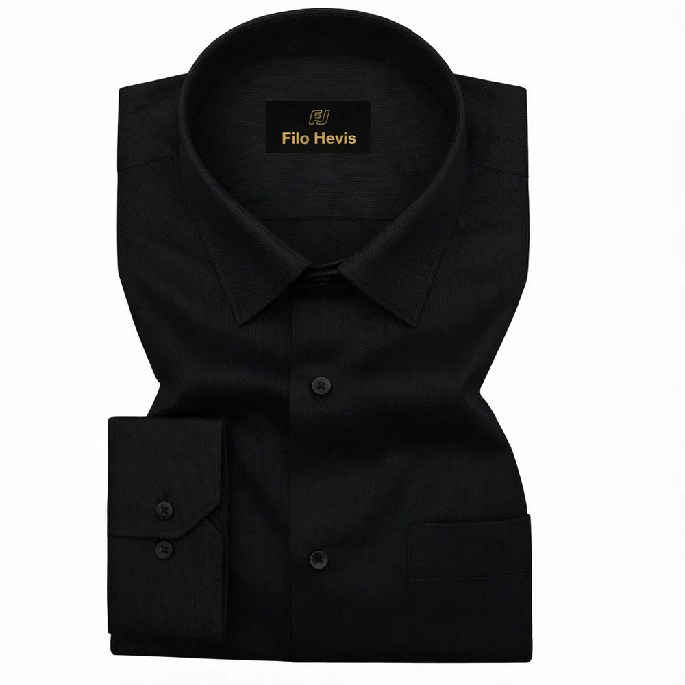 Fine-Ribbed Self-Structured Formal Shirt-BLACK My Store