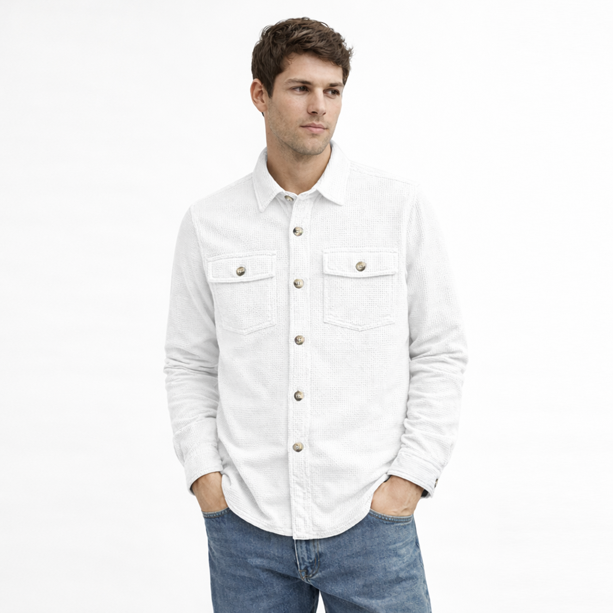 Textured Utility Shirt for Men – Soft Waffle Weave Full Sleeve Shirt-White