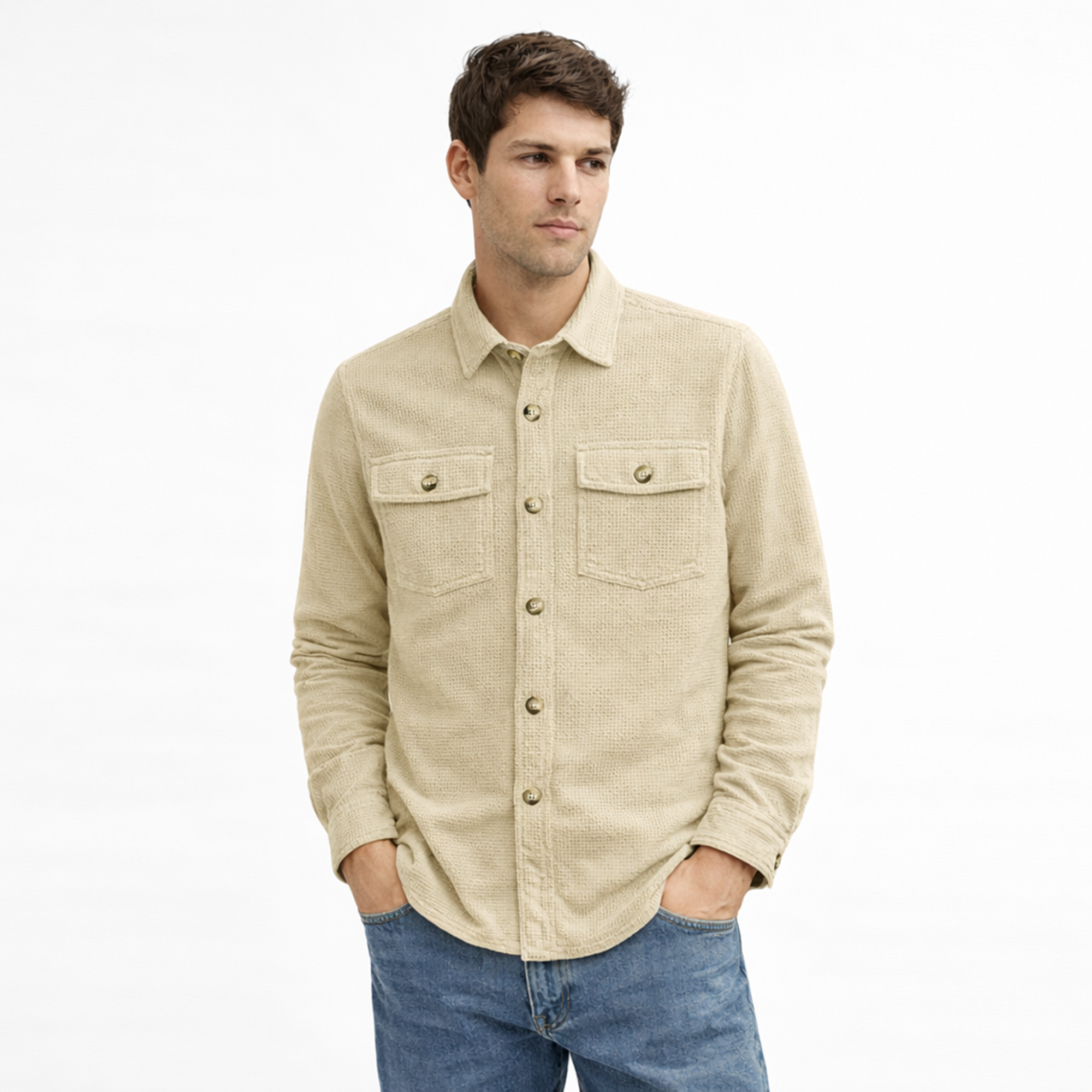 Textured Utility Shirt for Men – Soft Waffle Weave Full Sleeve Shirt-Cream