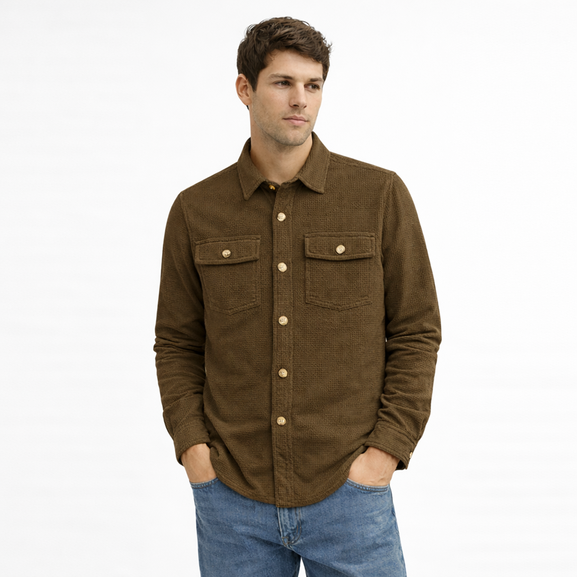 Textured Utility Shirt for Men – Soft Waffle Weave Full Sleeve Shirt-Brown