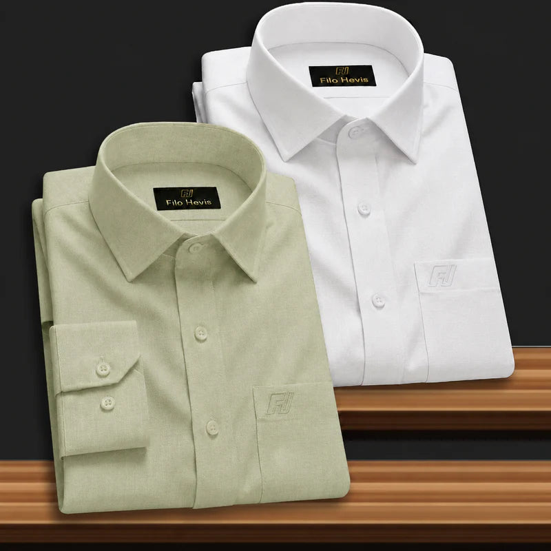 Combo of 2 Filafil Fabric Regular Fit Formal Shirts – White & Light Greyish Green (Single Pocket)