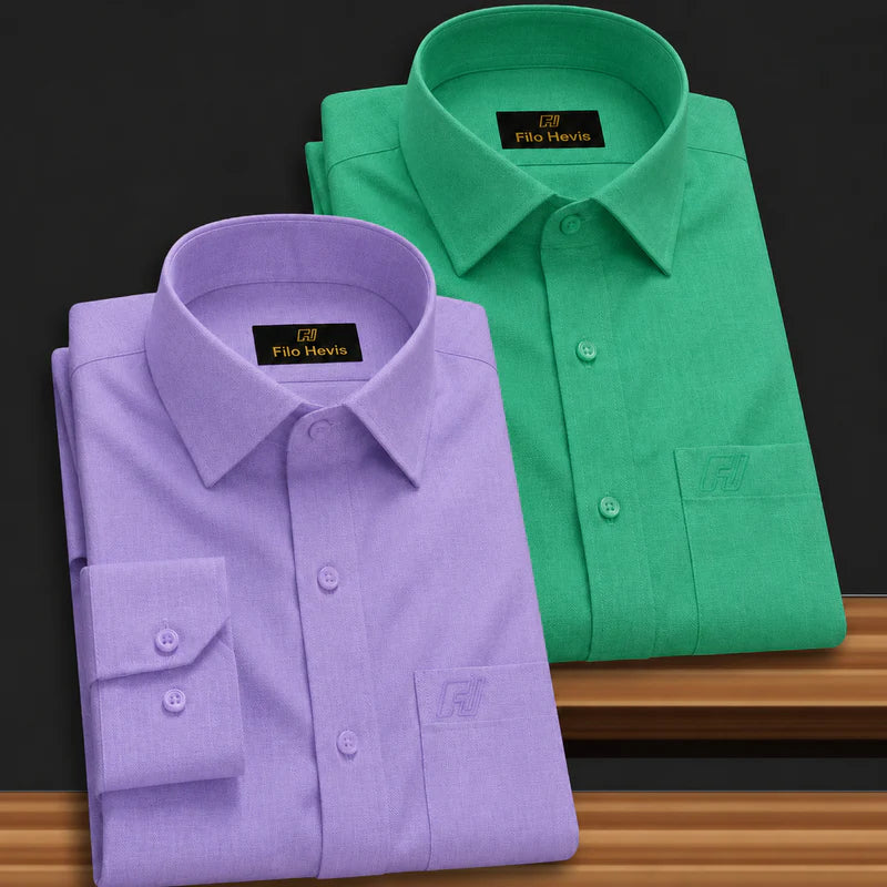 Combo of 2 Filafil Fabric Regular Fit Formal Shirts – Green & Purple (Single Pocket)