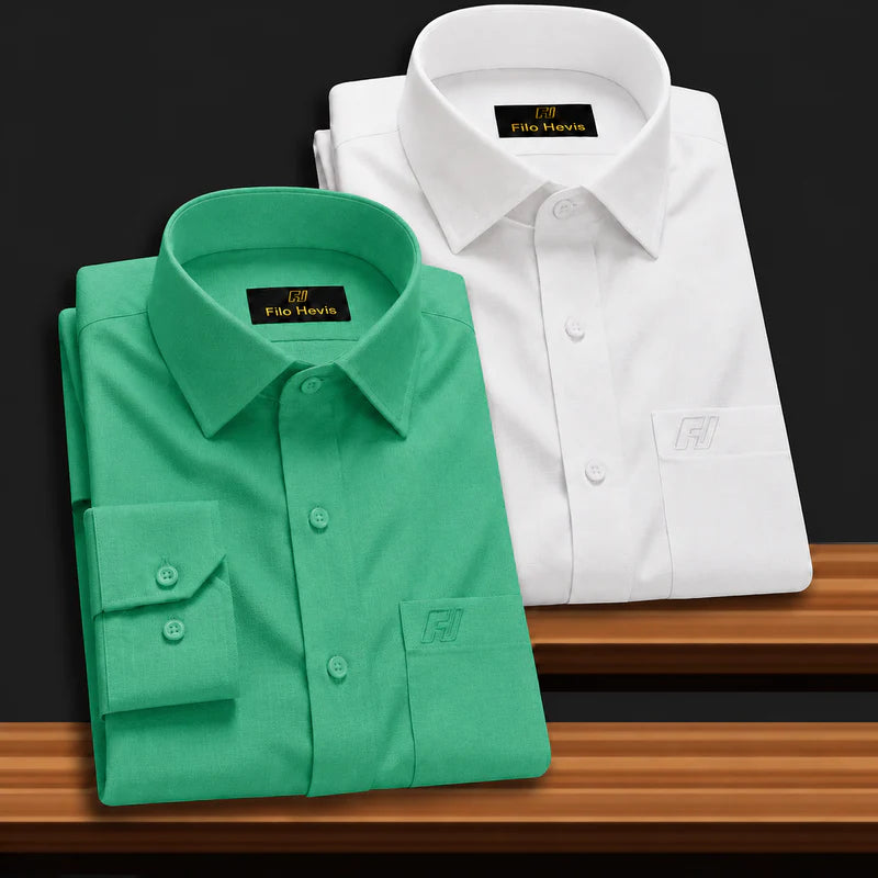Combo of 2 Filafil Fabric Regular Fit Formal Shirts – Green & White (Single Pocket)