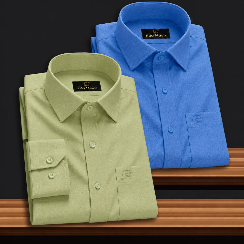 Combo of 2 Filafil Fabric Regular Fit Formal Shirts – Blue & Light pastel green (Single Pocket)