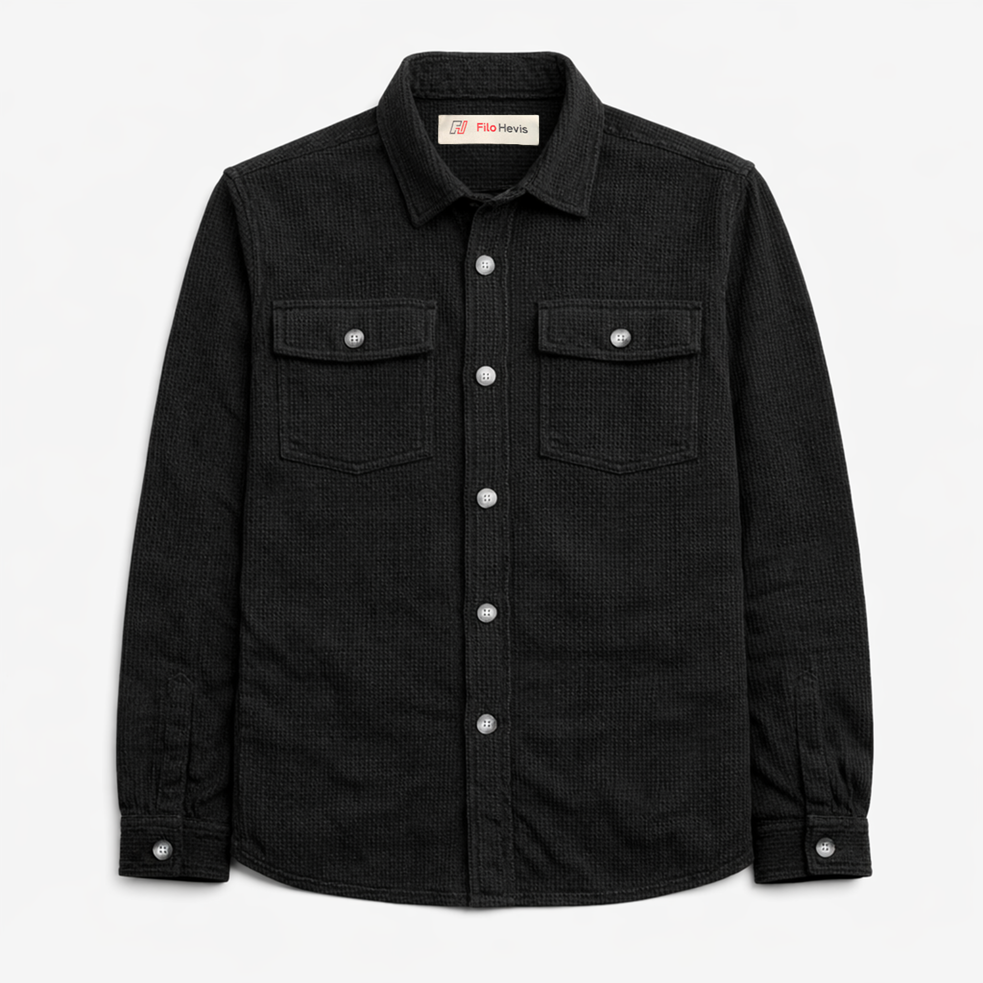 Textured Utility Shirt for Men – Soft Waffle Weave Full Sleeve Shirt-Black