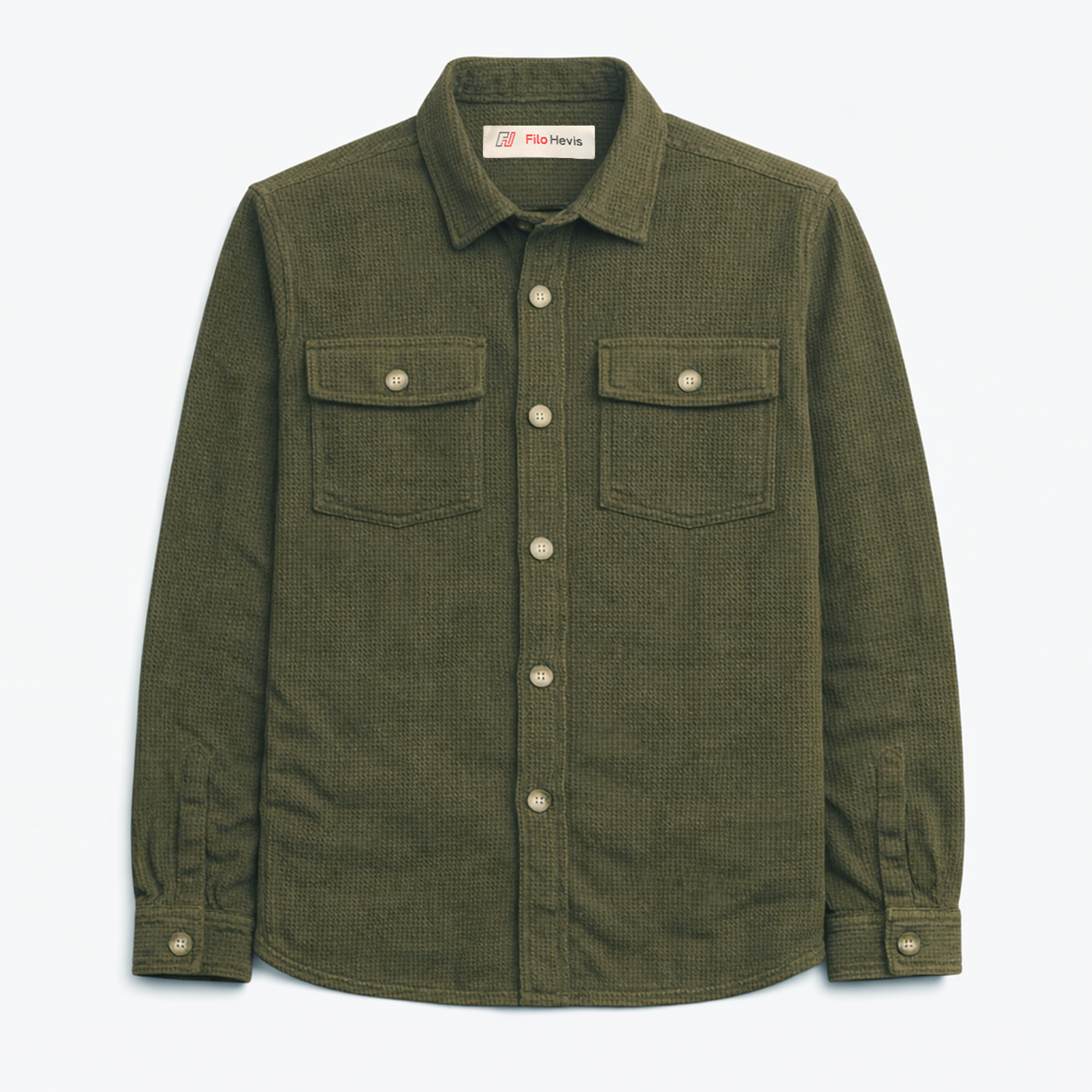 Textured Utility Shirt for Men – Soft Waffle Weave Full Sleeve Shirt-Olive Green