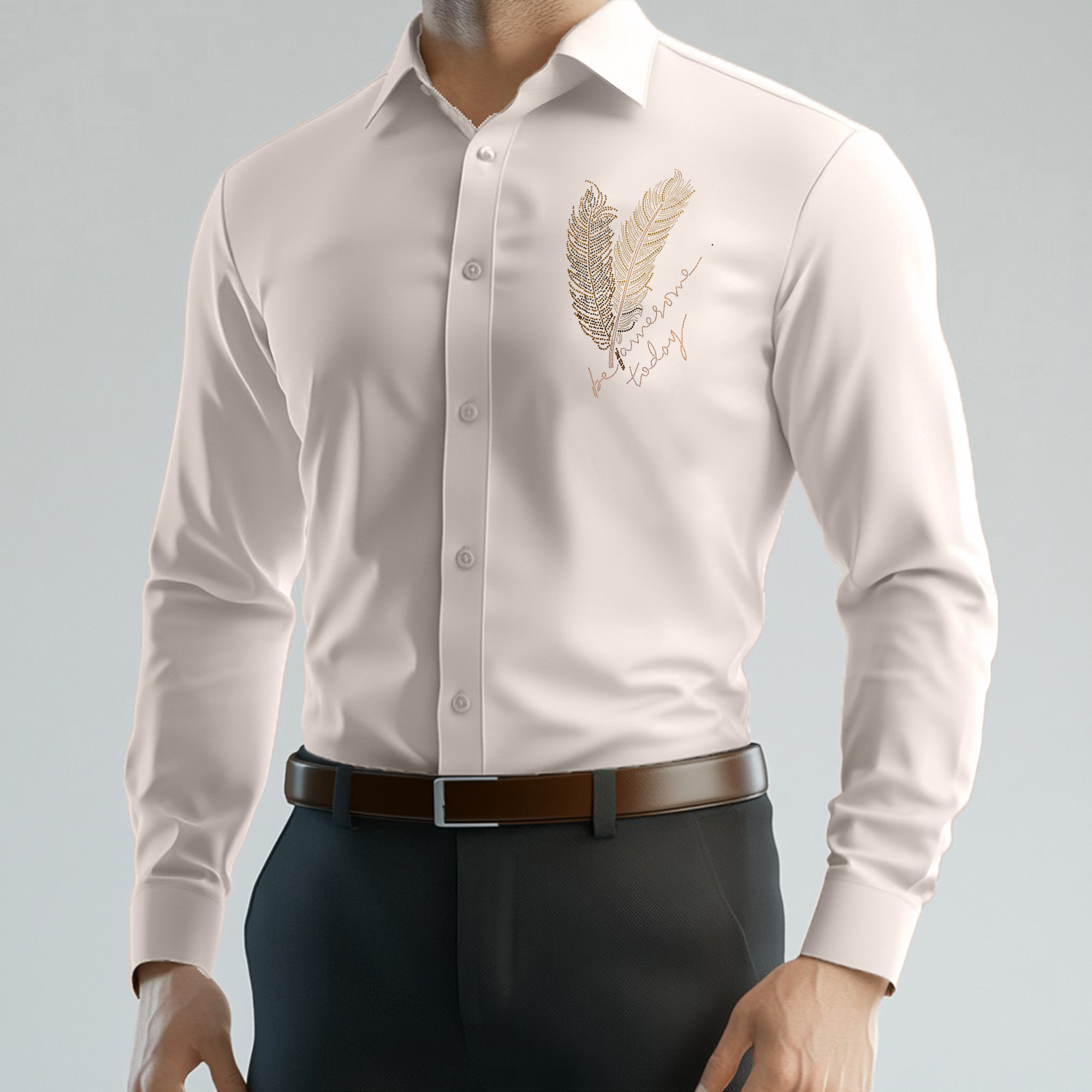 PARTY SHIRTS FOR MEN | PREMIUM SHIRTS | CLUB SHIRTS Feather Embroidery-Beige