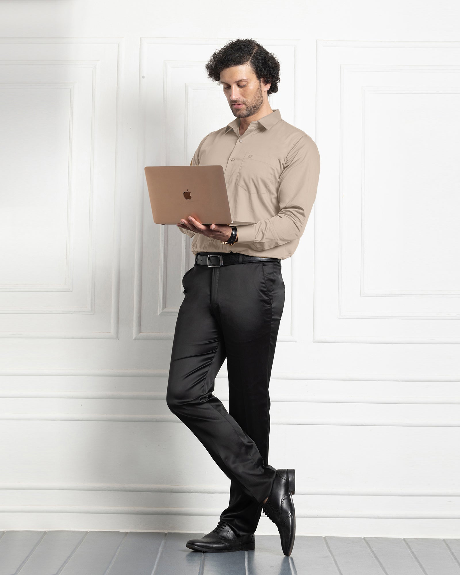 PLATINUM COTTON SATIN FORMAL SHIRT FOR MEN (Single Pocket)-Beige