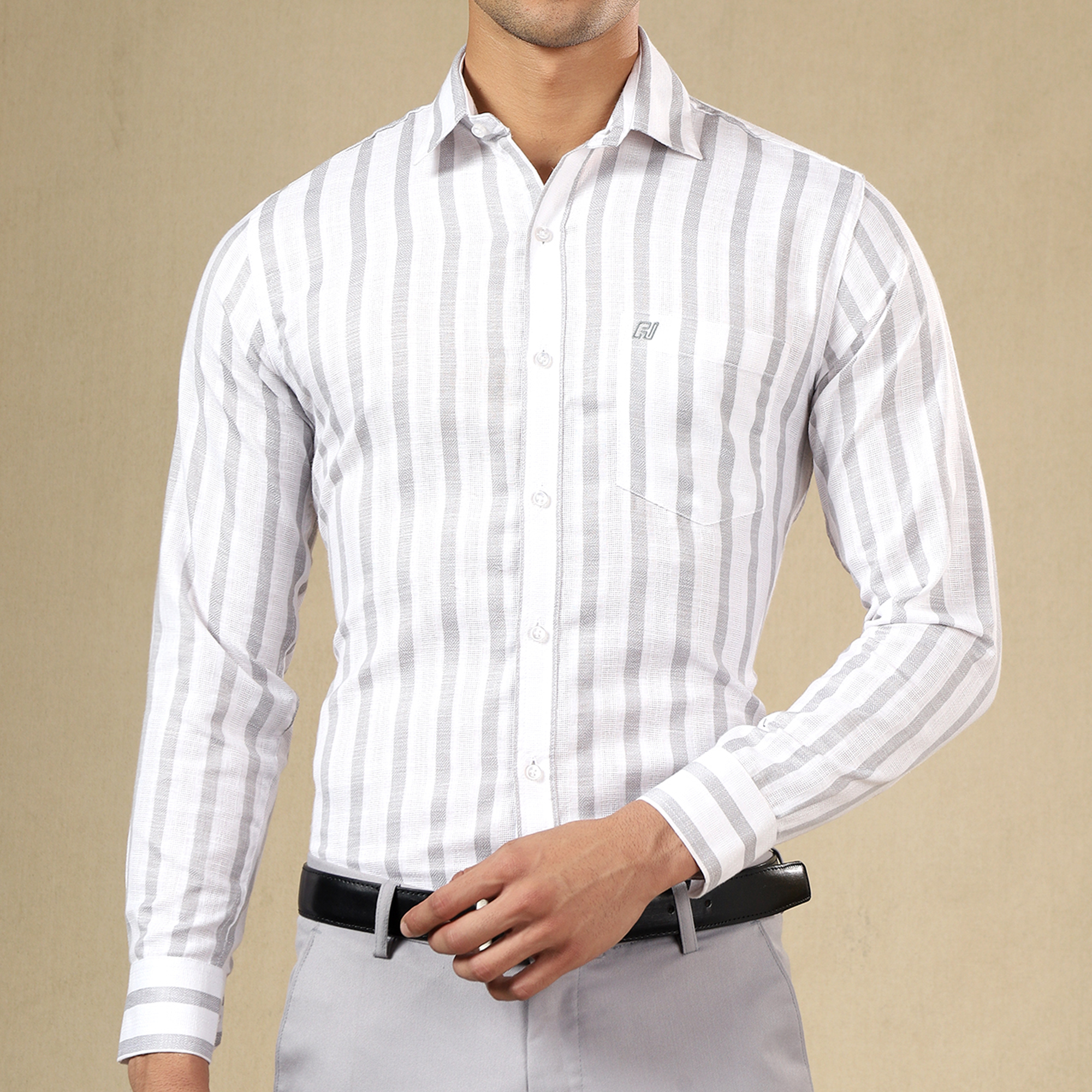 Men's Striped Linen Regular Fit Single Pocket Shirt- Grey