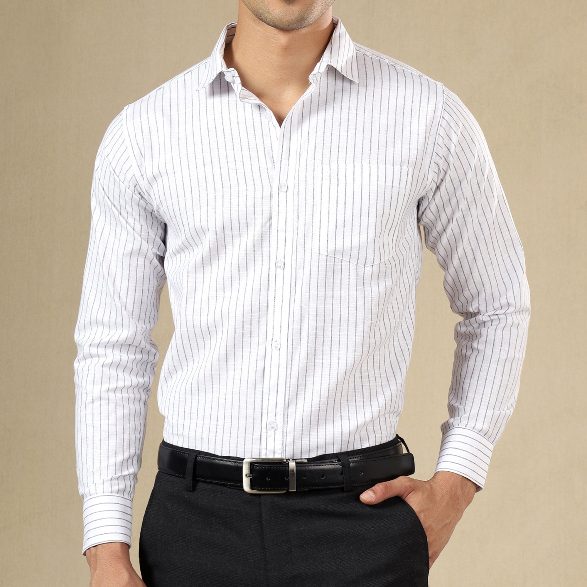Men's Striped Linen Regular Fit Single Pocket Shirt- White