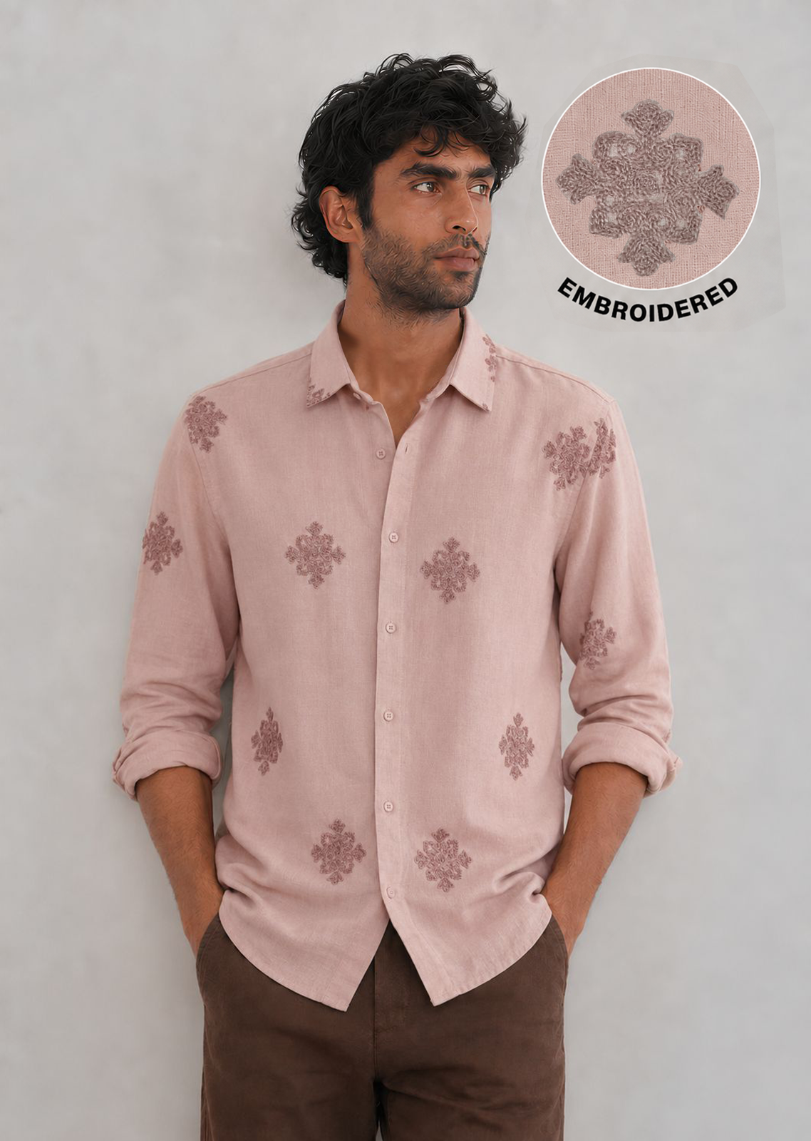 Embroidered Botanical Linen Shirt-Light-Pink