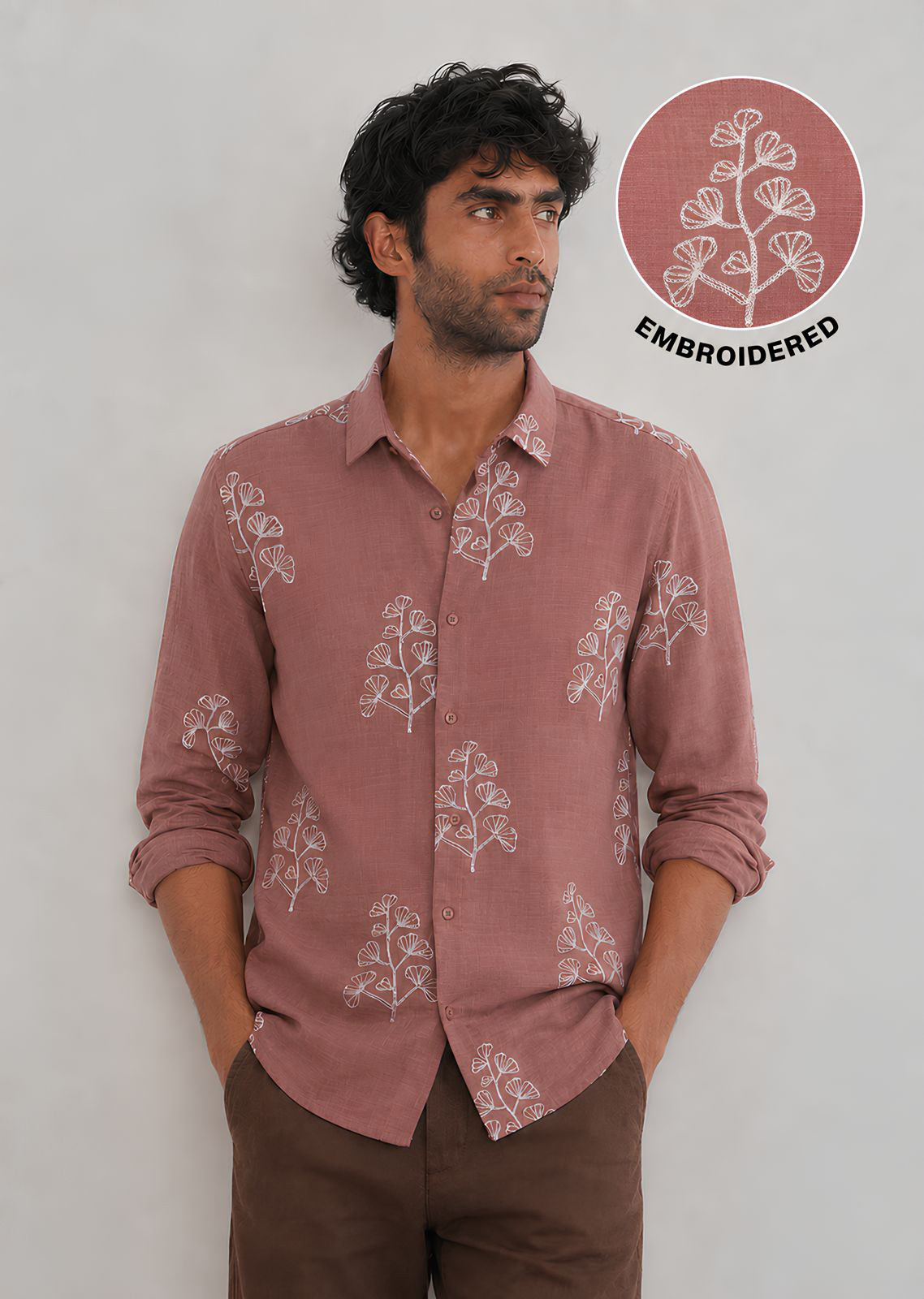 Embroidered Botanical Linen Shirt-Peach