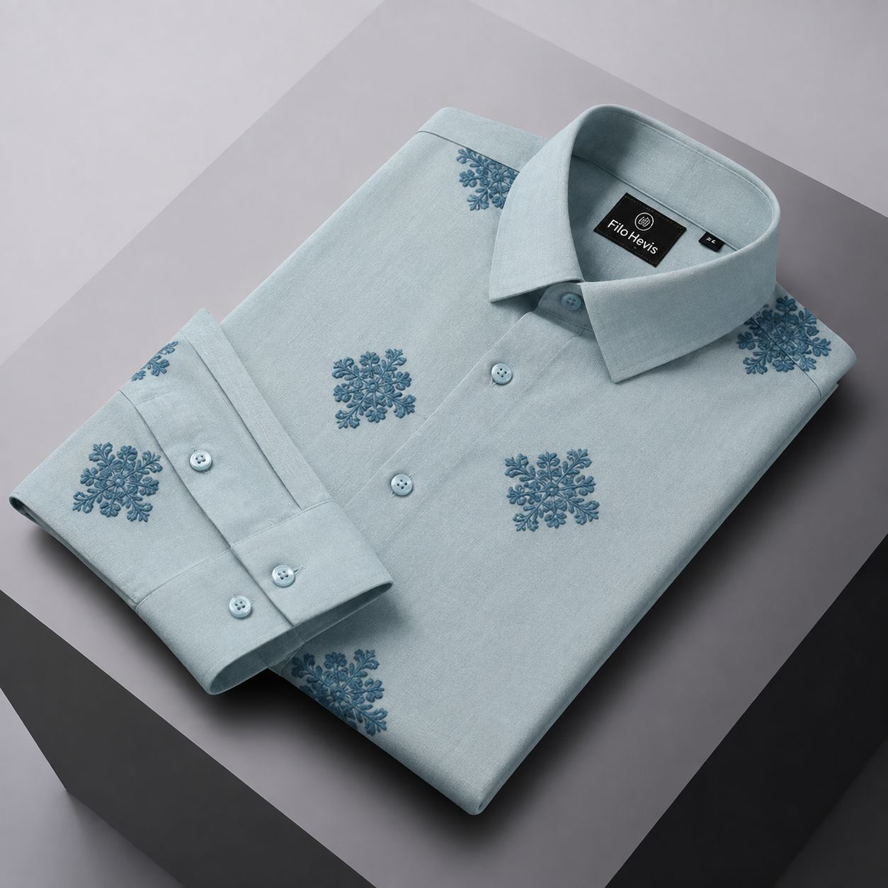 Embroidered Botanical Linen Shirt-Sky