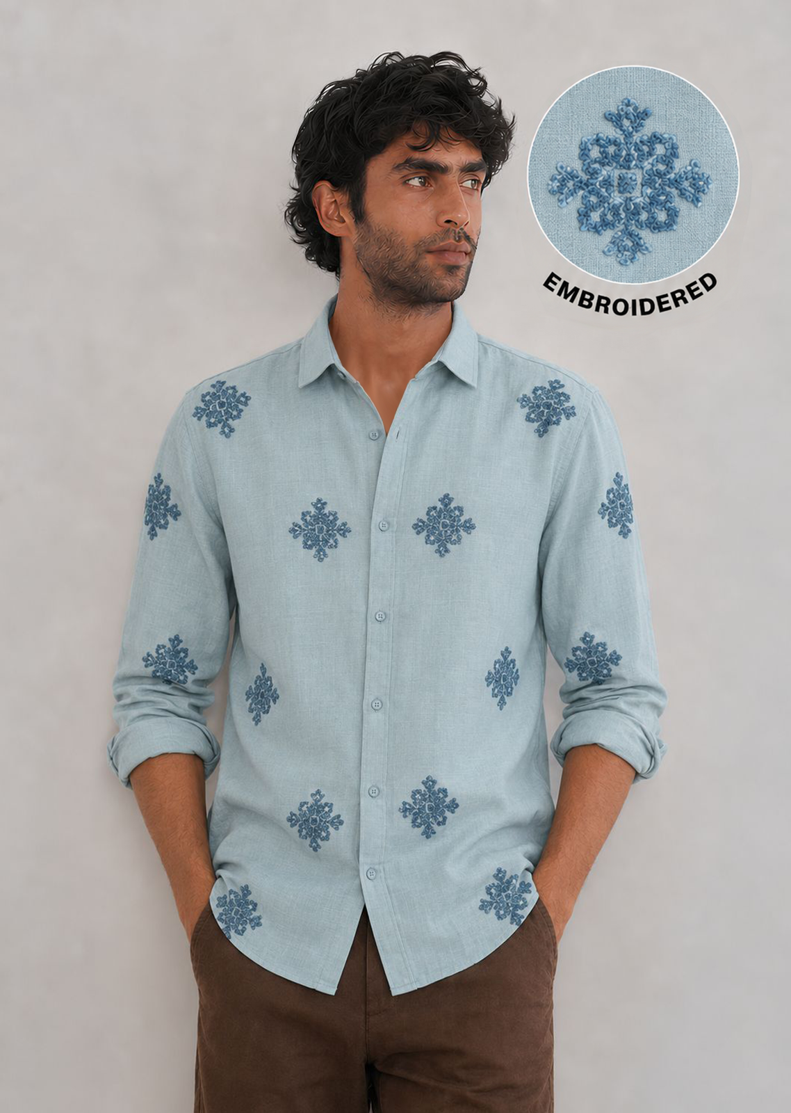 Embroidered Botanical Linen Shirt-Sky