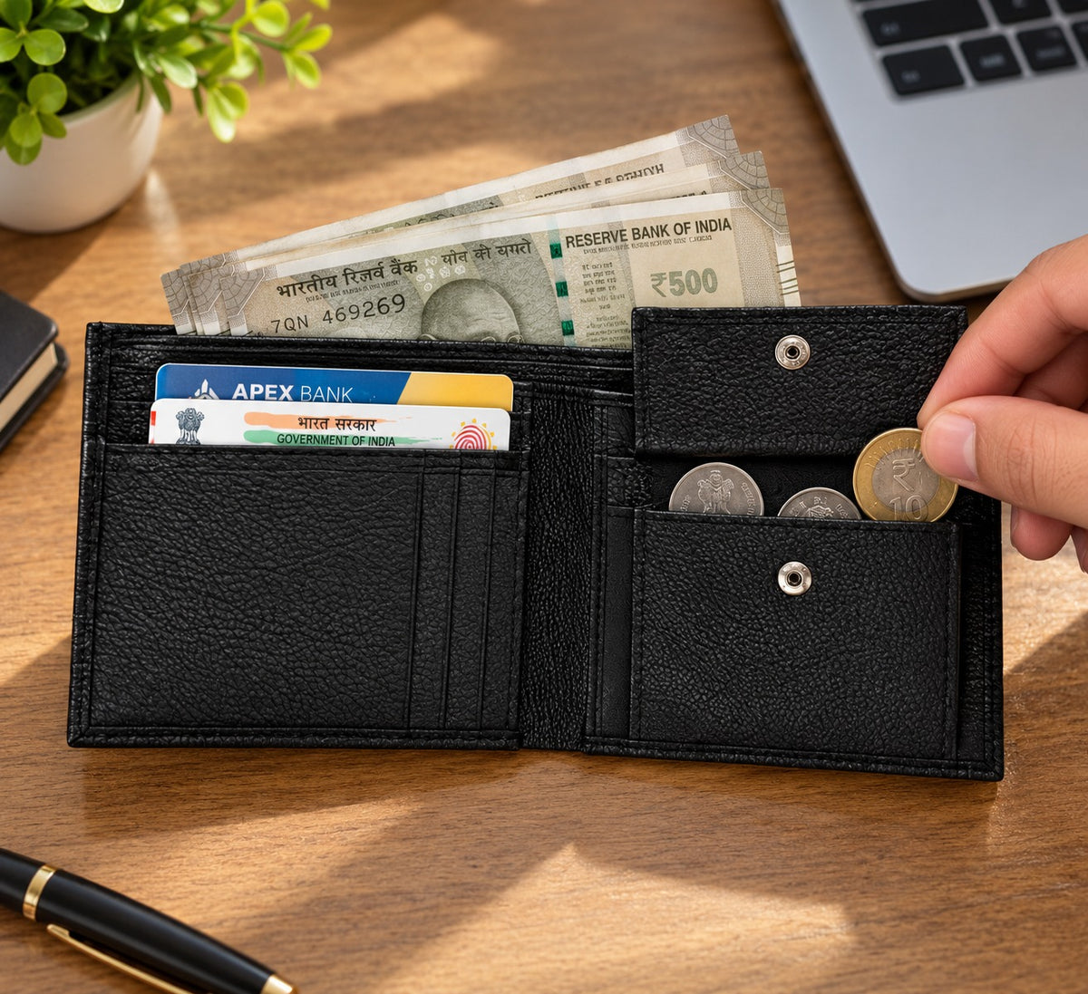 Black Textured Men's Wallet | Slim Bi-Fold Wallet with Coin Pocket