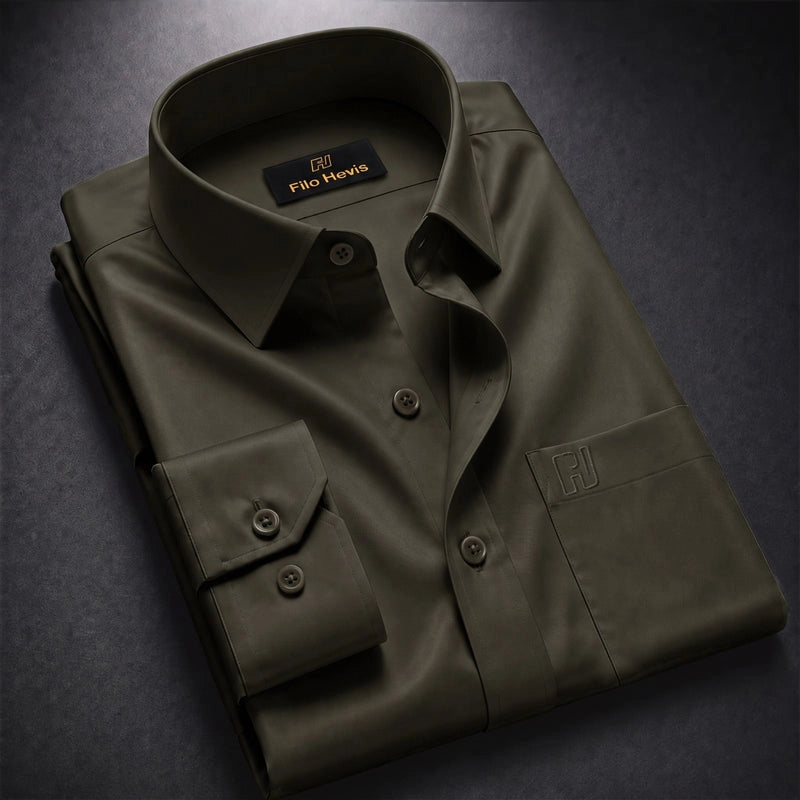 Cotton Satin Formal Shirt for Men - Regular Fit Full Sleeve | Dark Olive Filo Hevis