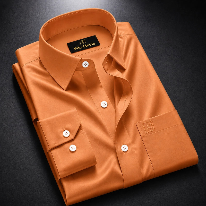 Cotton Satin Formal Shirt for Men - Regular Fit Full Sleeve | Orange Filo Hevis