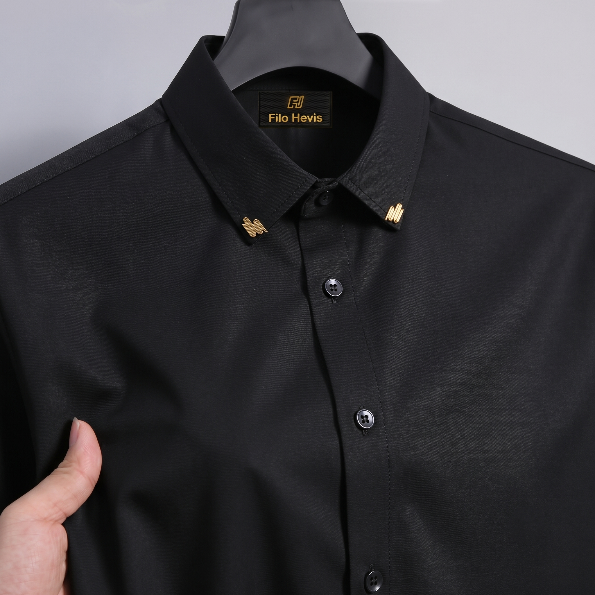 Men's Premium Stretch Formal Shirt with Gold Collar Pins | Wrinkle-Resistant | Party & Office Wear | Black My Store