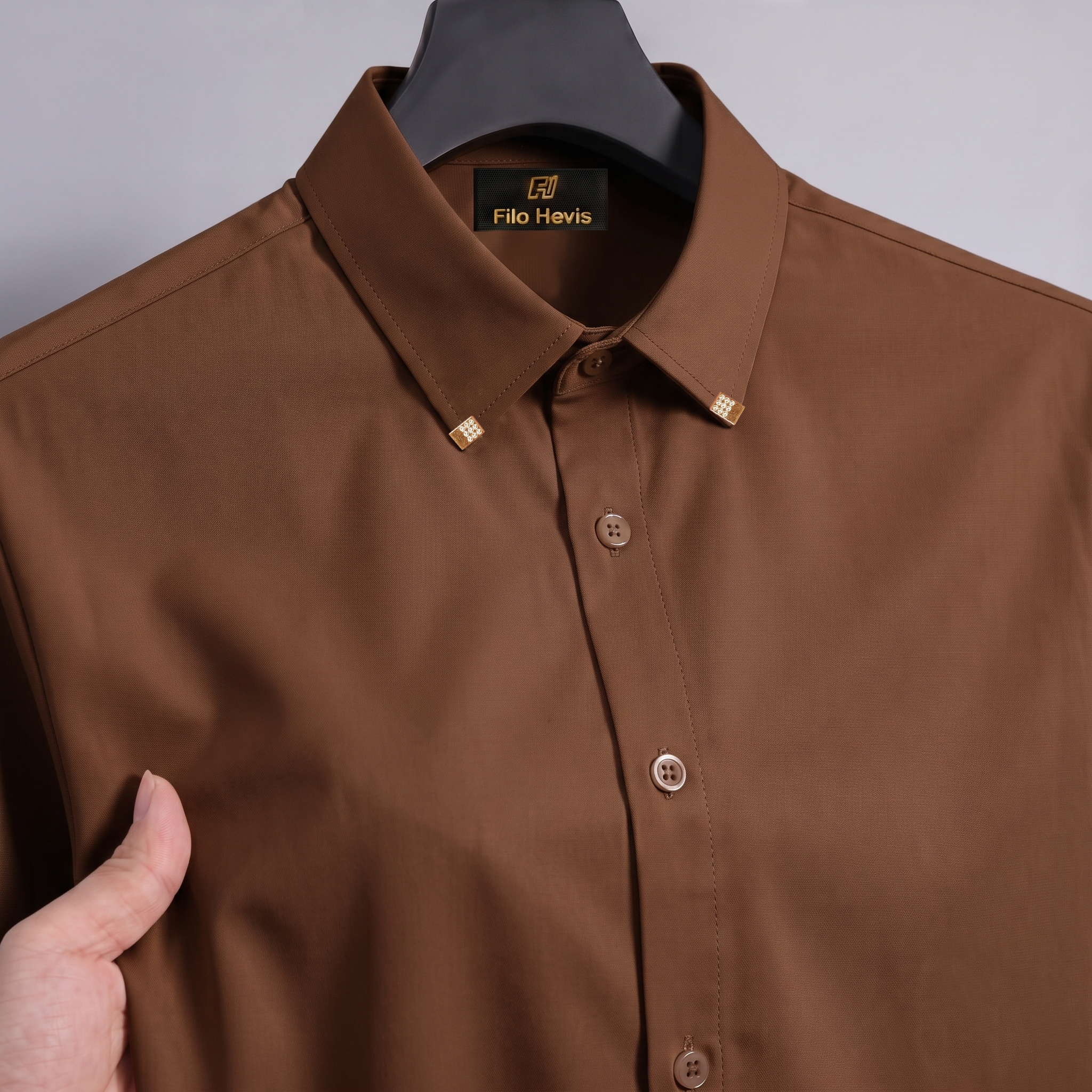 Men's Premium Luxury Formal Shirt with Crystal-Studded Collar Clips | Brown My Store