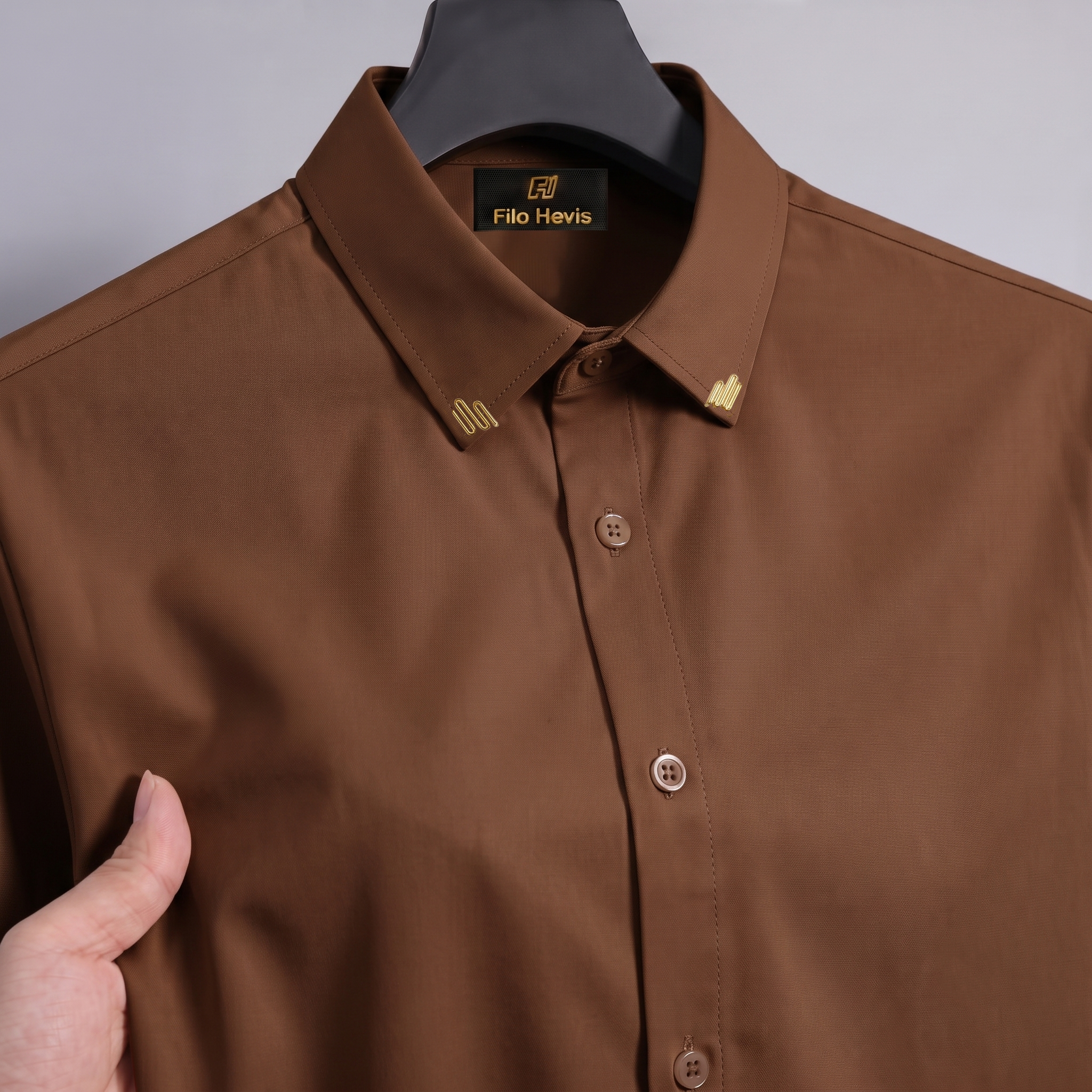 Men's Premium Stretch Formal Shirt with Gold Collar Pins | Wrinkle-Resistant | Party & Office Wear | Brown