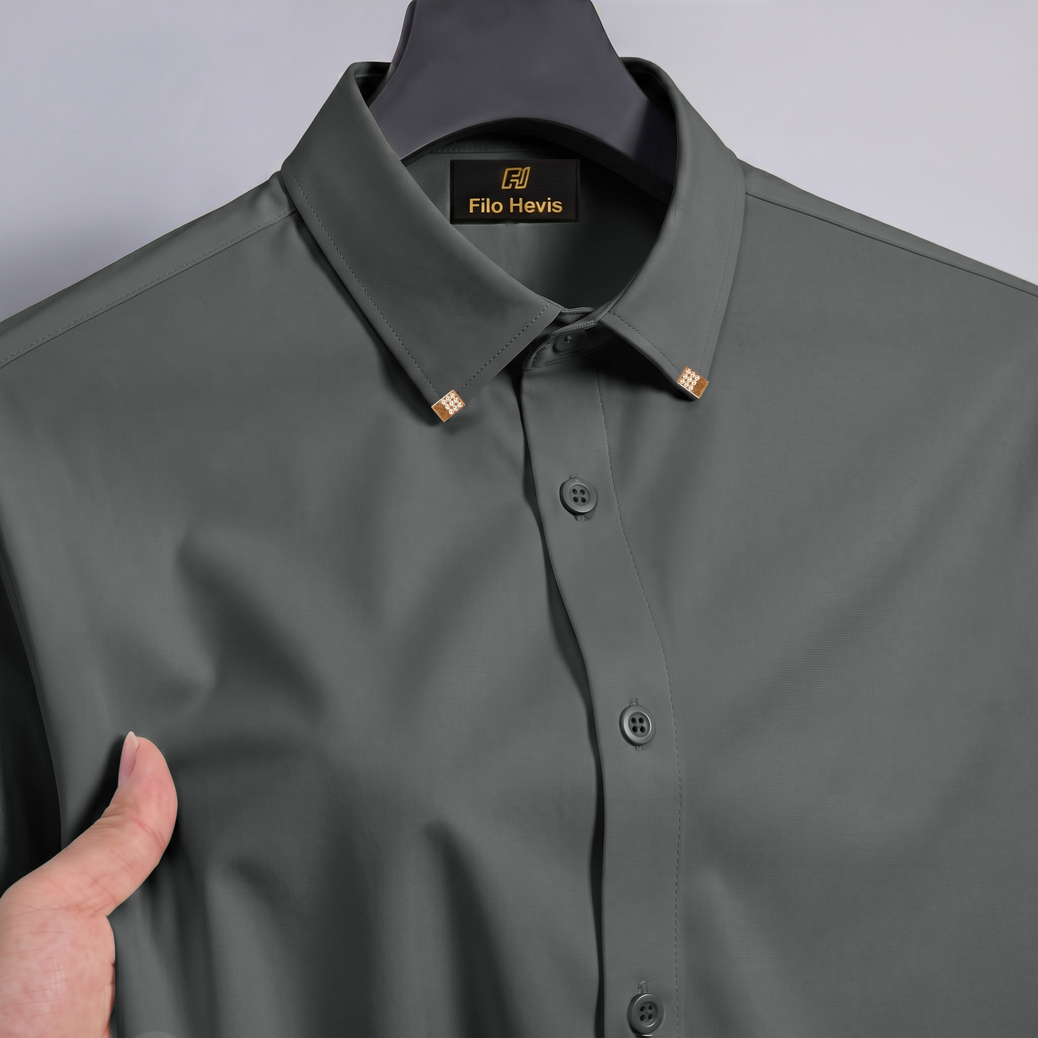 Men's Premium Luxury Formal Shirt with Crystal-Studded Collar Clips | Dark Grey