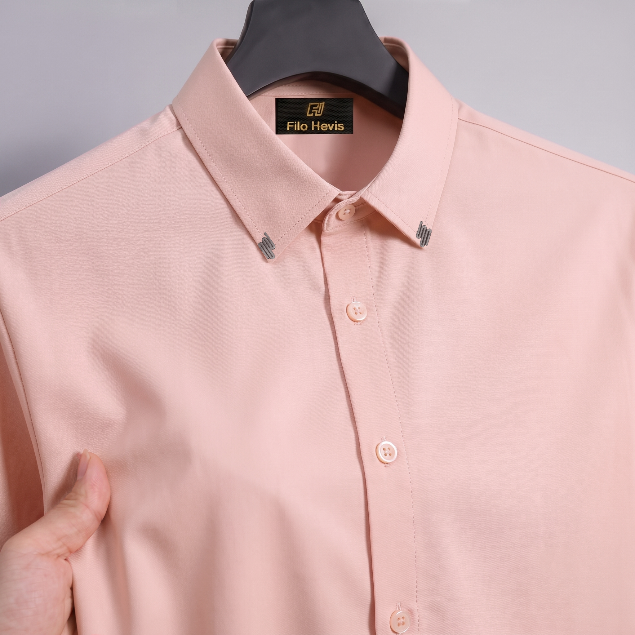 Men's Premium Stretch Formal Shirt with Silver Collar Pins | Wrinkle-Resistant | Party & Office Wear | Peach