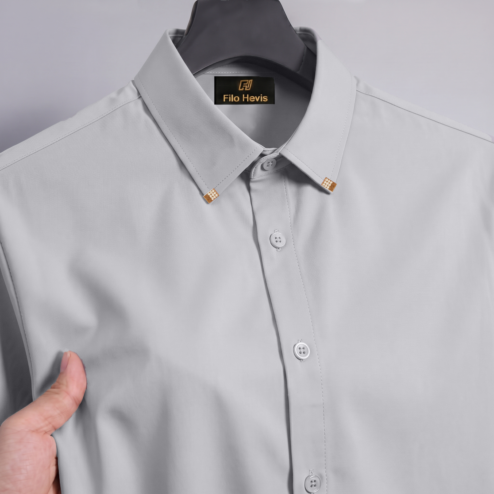 Men's Premium Luxury Formal Shirt with Crystal-Studded Collar Clips | Light Grey Filo Hevis