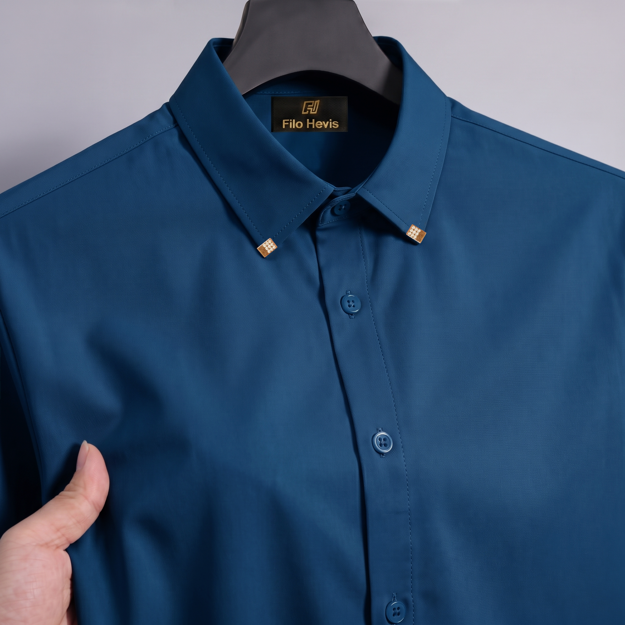 Men's Premium Luxury Formal Shirt with Crystal-Studded Collar Clips | Teal Blue My Store