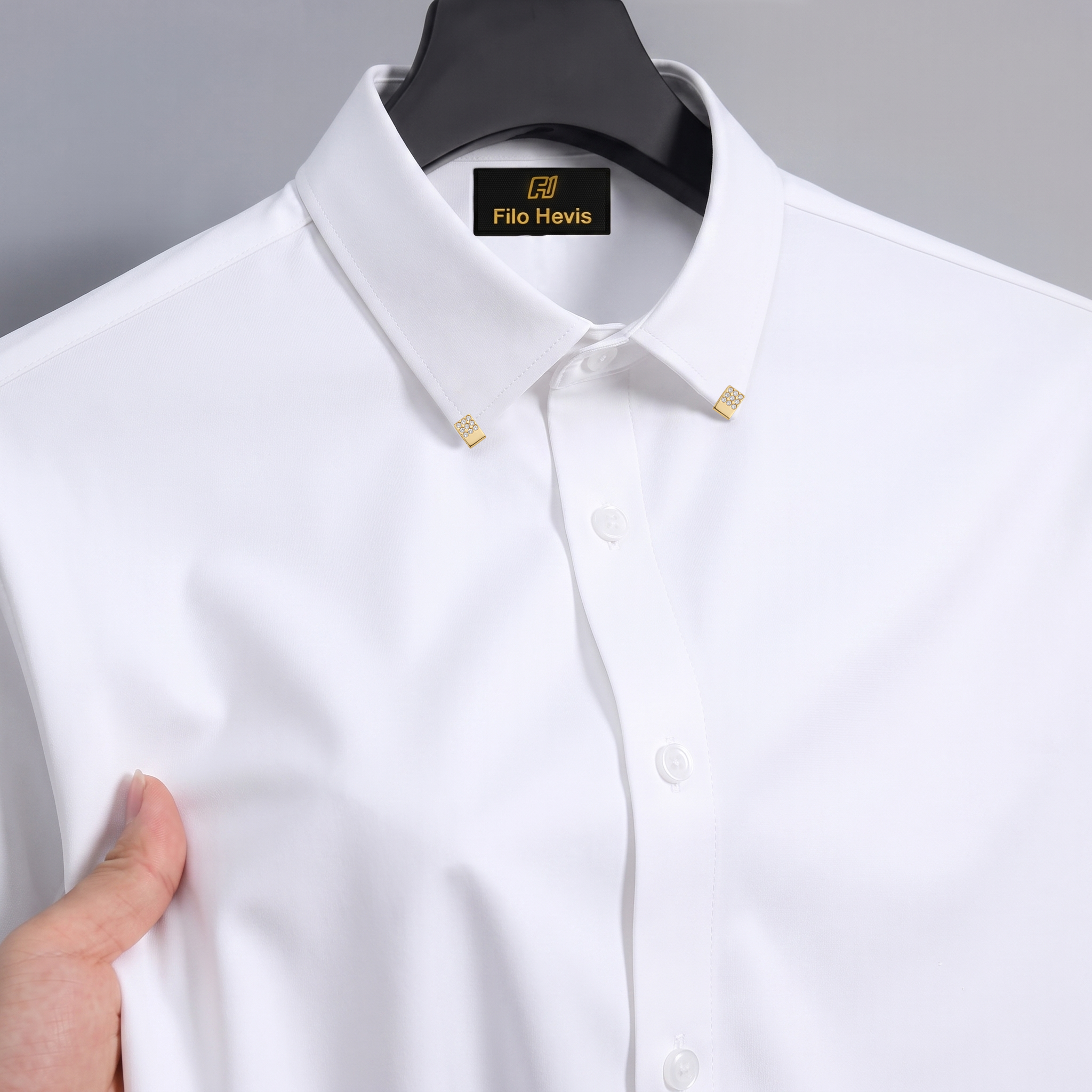 Men's Premium Luxury Formal Shirt with Crystal-Studded Collar Clips | White