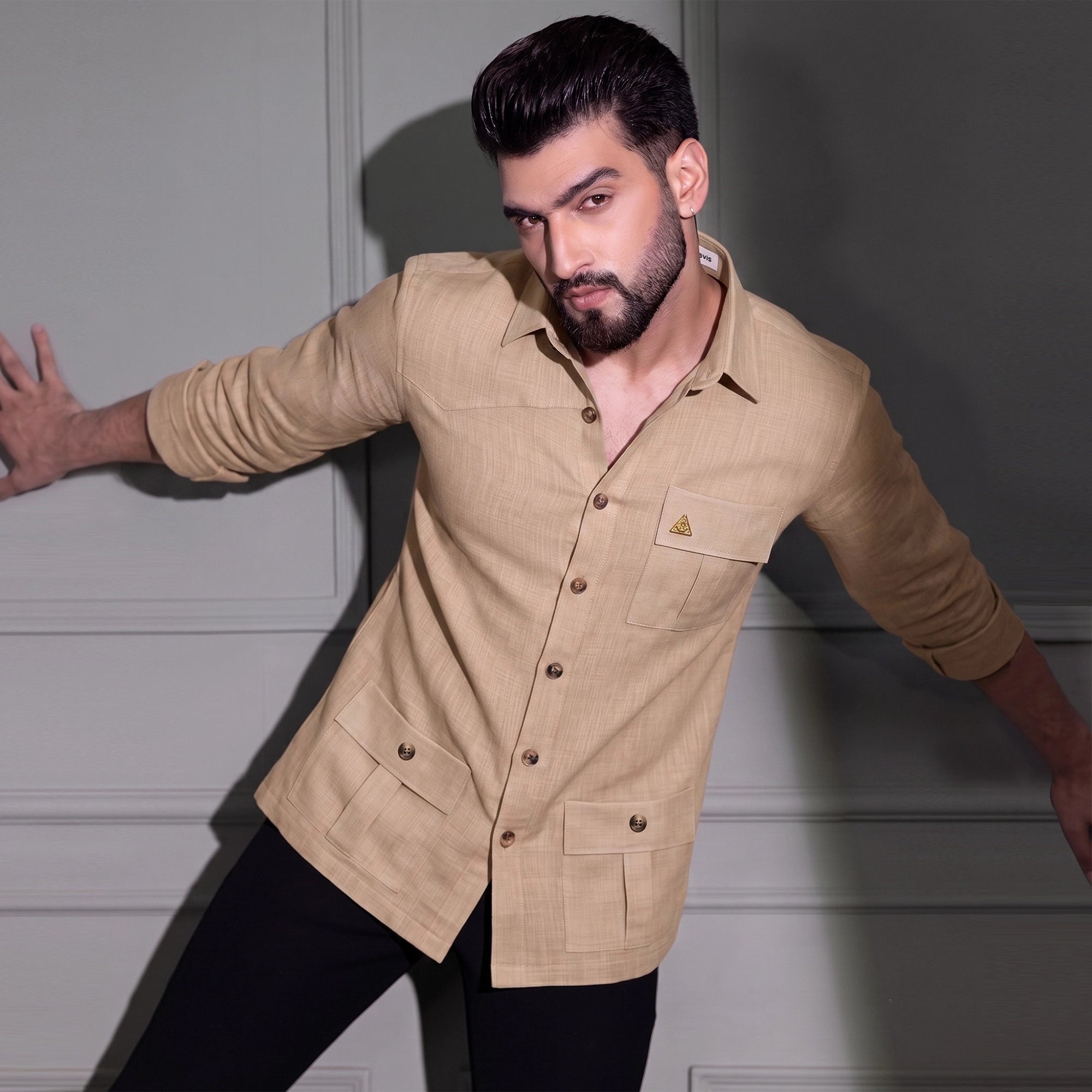 Men's Hunter shirt | Multi Pockets | Linen Texture | Beige